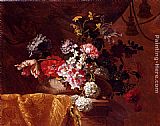 Still Life Of Hydrangeas, Convolvuli, Peonies And Other Flowers In An Urn On A Draped Stone Ledge by Jean-Baptiste Monnoyer